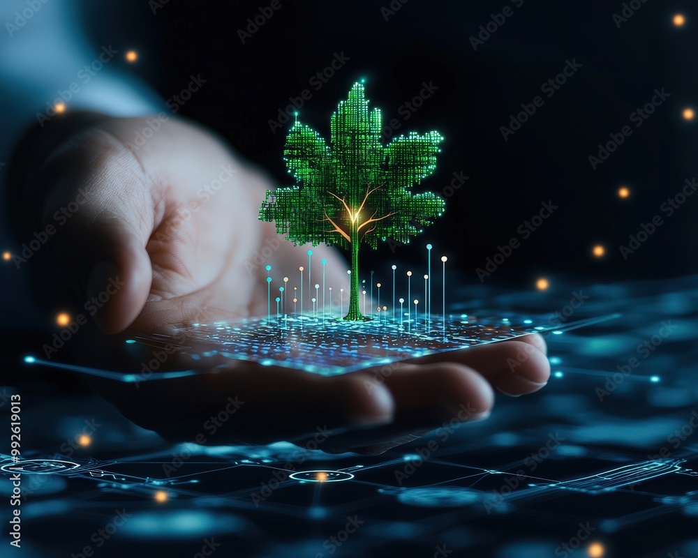 Poster a surreal image depicting a digital tree emerging from a human hand, symbolizing the intersection of