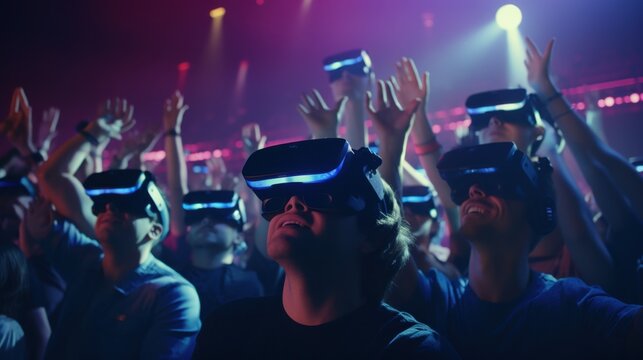 A vibrant crowd at a concert, immersed in a futuristic experience with virtual reality headsets, enjoying the show.
