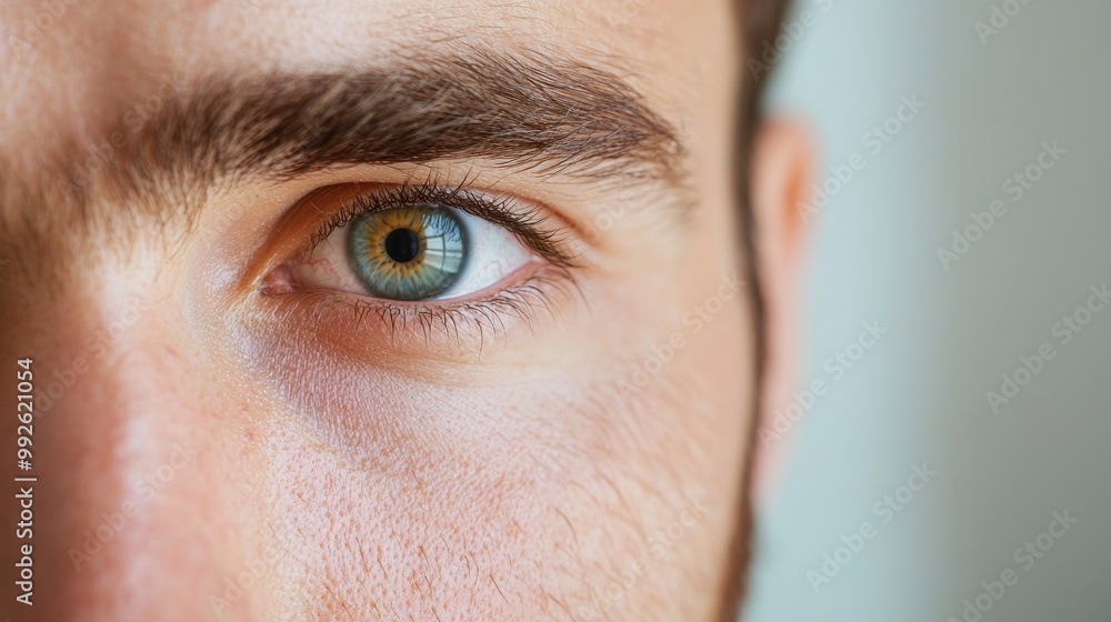 Poster close-up of a man's eye showcasing unique iris color and texture, highlighting a focus on detail and