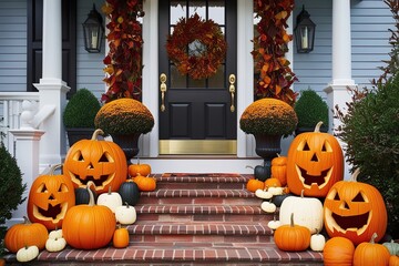 Obraz premium Magical Halloween Porch Decor Featuring Carved Pumpkins and Colorful Fall Foliage