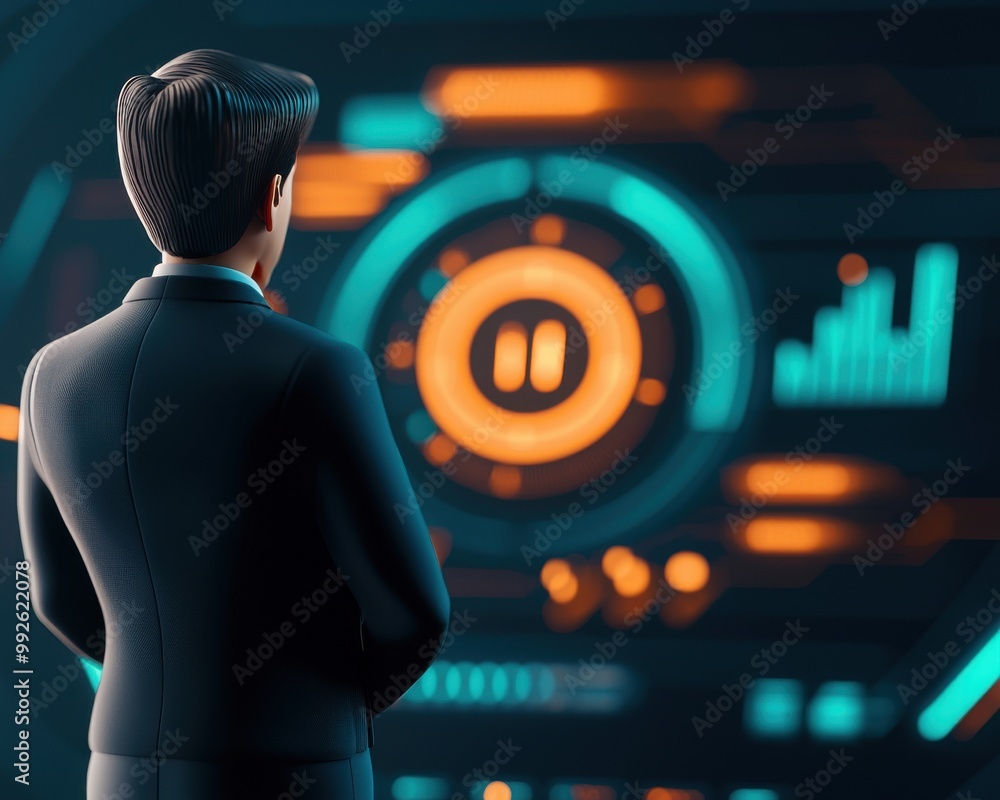 Poster a professional man observing a modern digital interface, showcasing innovative technology and analyt
