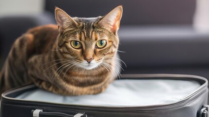 Cat exploring an empty suitcase, traveling play, adventurous, curious