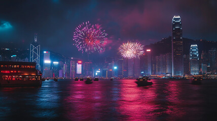 Obraz premium Vibrant fireworks illuminate the Hong Kong skyline during a festive night celebration