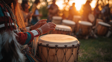 A ceremonial drum circle, symbolizing the heartbeat of Native American culture, with participants joining in rhythm, American Indian Heritage Day