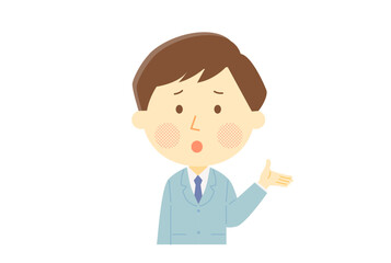 困った顔で話すスーツの男性