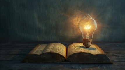 3D rendering of a light bulb and a vintage book. Ideas for reading books, knowledge, and finding new ideas. bible book