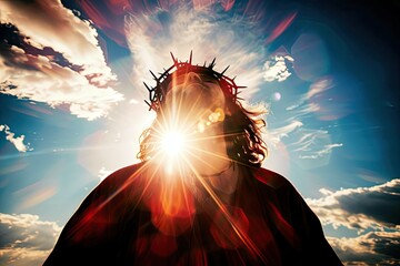 Radiant back view of Jesus Christ wearing a crown of thorns, illuminated by heavenly light and a dramatic sky.