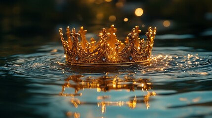 A gold crown floating above a pool of water, casting a reflection, gold crown reflection, royal symbolism