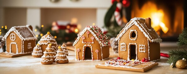 Family gathered around decorating gingerbread houses, fireplace burning in the background, holiday crafting, warm Christmas atmosphere