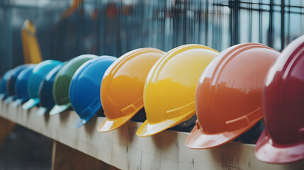 An arrangement of different colored hard hats lined up on a construction site, symbolizing team safety