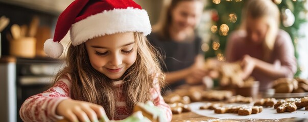 Little girl in a Santa hat icing gingerbread cookies while her family bakes in the background, holiday cheer, family kitchen moments