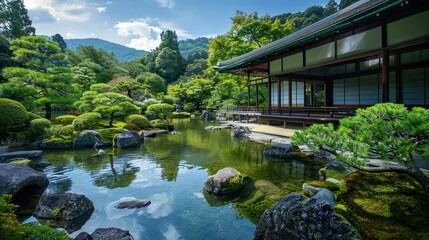 Naklejka premium A serene Japanese garden featuring a tranquil pond surrounded by lush greenery, trees, and a peaceful landscape under a blue sky with fluffy clouds