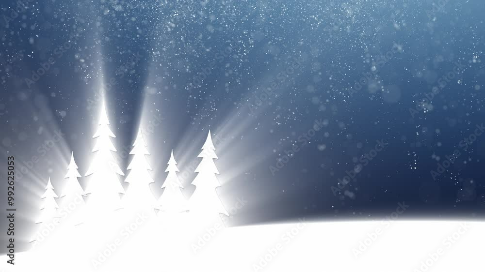 Poster seamless loop blue shining snowy trees with glitter animation background.