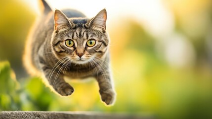 Fototapeta premium Cat jumping over a low wall, outdoor exploration, graceful, light
