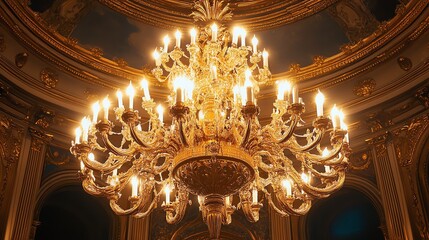 Obraz premium A luxurious gold chandelier hanging from an ornate ceiling, gold chandelier, opulent lighting