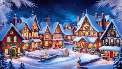 Beautiful village celebrating Christmas with snowfall. Aerial view of cozy small town decorated for...