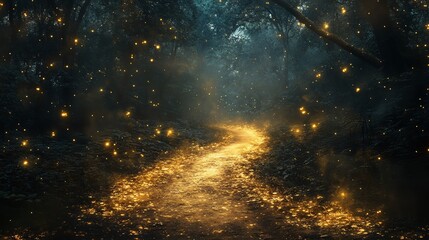 A trail of gold dust leading into a dark, mysterious forest, gold dust trail, fantasy adventure
