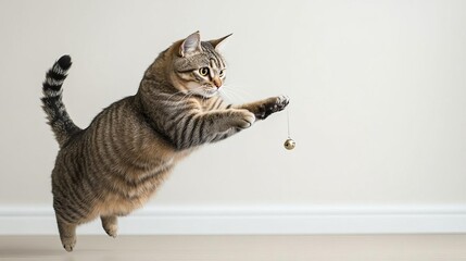 Naklejka premium Cat leaping gracefully in mid-air, chasing a dangling string, dynamic movement, energetic, lively
