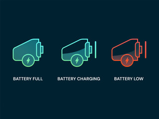Electric vehicle Battery Charging Status interface with car shapes symbols Battery Fully, Battery Charging, Battery Low vector design concept. Electric car charging for EV station, EV business, ui.