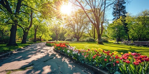 Obraz premium A serene spring park scene with colorful flower beds, leafy trees, and a sun-dappled path under a clear, sunny sky.