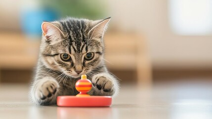 Cat pawing at a spinning top, curious play, fun, interactive