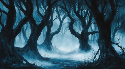 Spooky forest with mist and shadows, atmospheric Halloween setting for ghostly stories and frightful delight