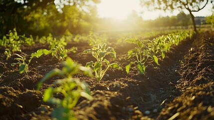 Sunlit field with young plants growing.