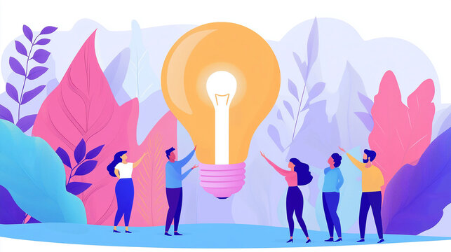 Group of businesspeople lifting a giant glowing lightbulb together, symbolizing collective creativity, team innovation, creative teamwork, flat design