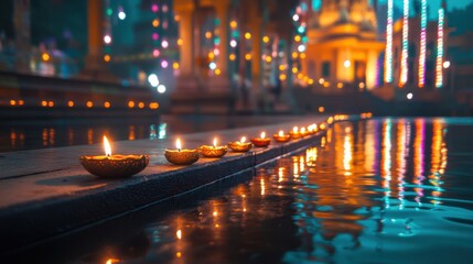 Fototapeta premium A line of diyas glowing brightly on the edge of a temple pond, with colorful lights reflecting on the water and the temple in the background. Copy space, Indian traditional festival happy Diwali