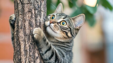 Cat playfully scratching at a tree trunk, nature play, wild, fun