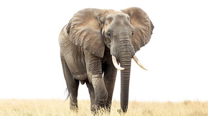 Fototapeta premium A majestic elephant walking through the savannah its large ears and trunk highlighted against a clean white background showcasing its grandeur