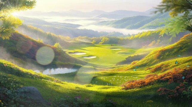 A scenic golf course nestled in rolling hills, bathed in sunlight. Green grass, trees, and mist fill the valley.