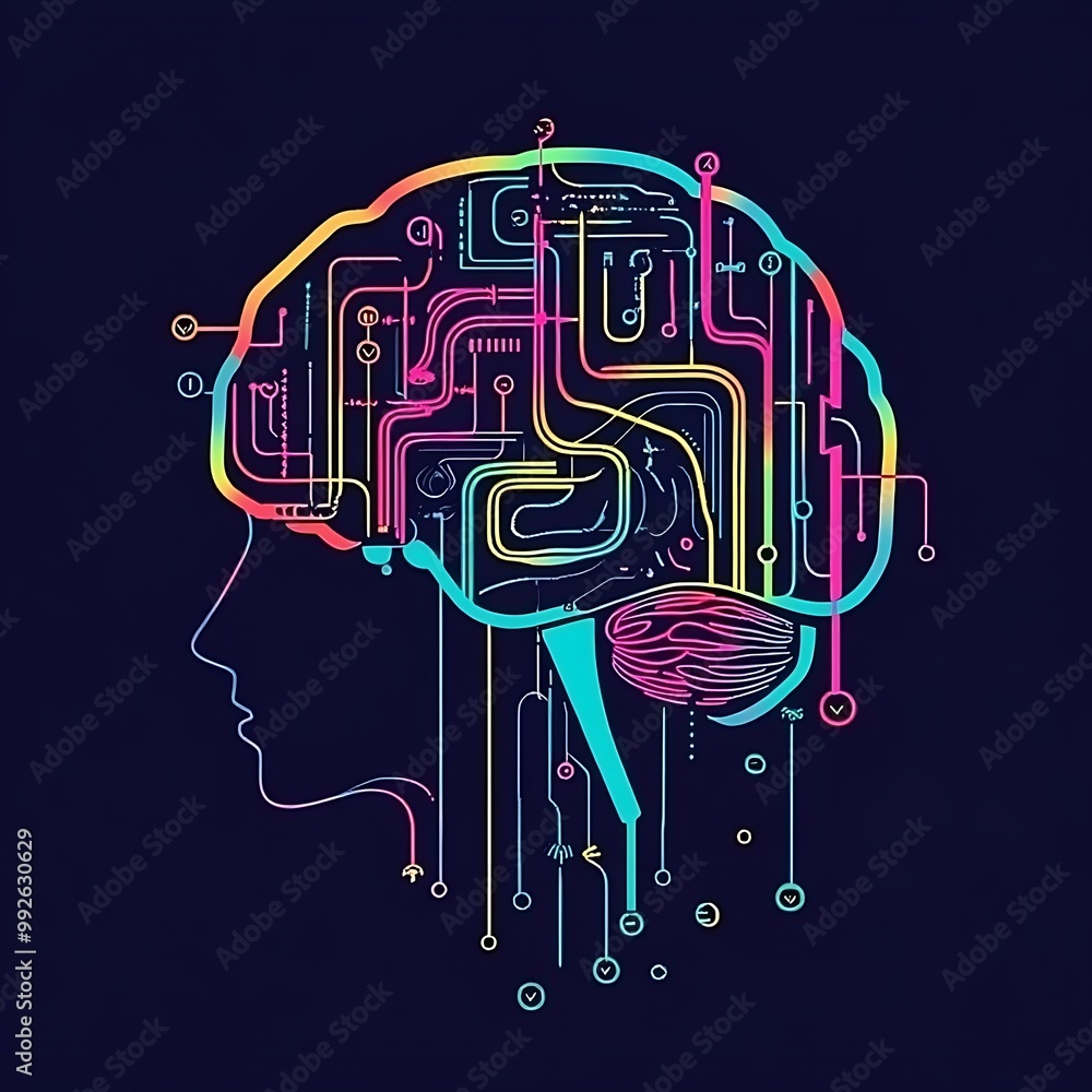 Poster a human head with colorful circuit board lines inside