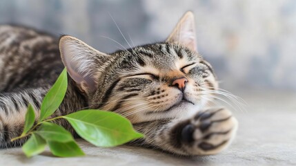 Cat stretching lazily while pawing at a leaf, lazy play, soft, calm