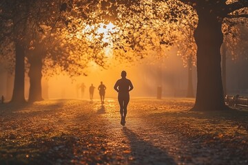 Fototapeta premium Joggers in Golden Sunrise Park