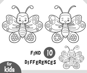 Cute cartoon Butterfly insect, Find differences educational game for kids