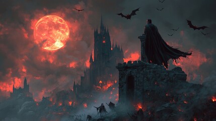 Dracula standing on a cobweb-covered balcony of a crumbling castle, with ghouls and zombies below, and bats flying across the glowing full moon.