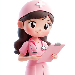 3D illustration of a cartoon nurse in pink uniform holding a clipboard and smiling, conveying healthcare and medical professionalism.