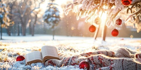 A tranquil holiday setting with a patterned blanket and a Christmas storybook under a tree adorned with garlands and baubles, bathed in winter sunlight.