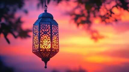 Festive lantern with intricate cutouts, placed on a sunset gradient backdrop, copy space, happy Diwali background, traditional, Indian festival.