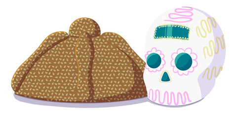 Dia de muertos, calaverita de azucar y pan de muerto. Ilustracion digital sin fondo.