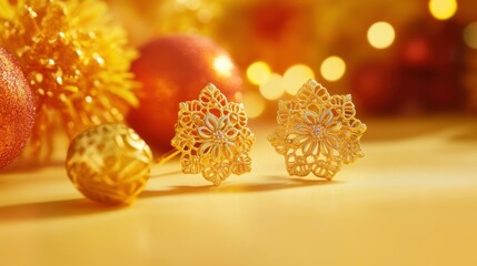 Fototapeta premium Golden earrings with intricate filigree design, placed on a pastel yellow backdrop with festive decorations, copy space, happy Diwali background, traditional, Indian festival.