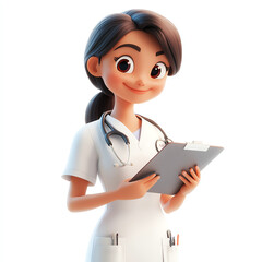Smiling cartoon nurse holding a clipboard, ready for patient care. A friendly medical professional in uniform with stethoscope.
