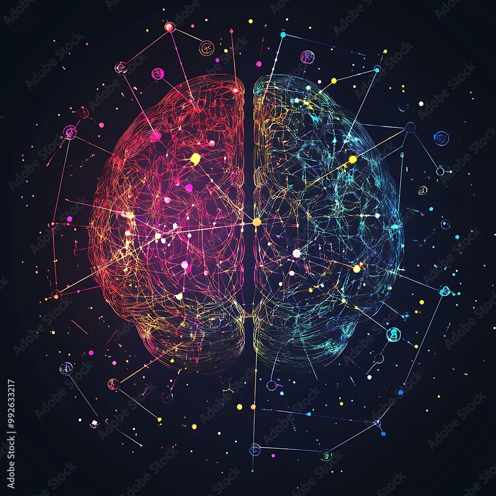 Poster abstract representation of a human brain with colorful lines and dots