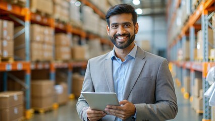 Smiling Indian Professional Managing Stock in Warehouse

