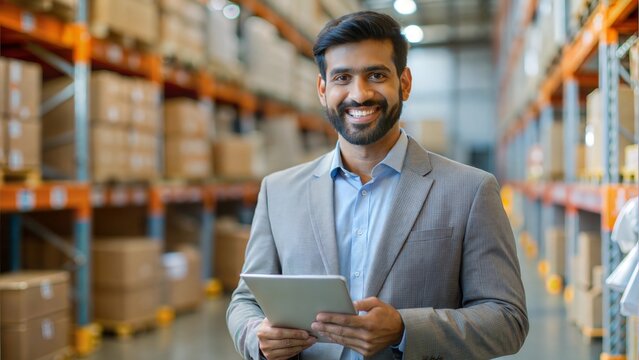 Smiling Indian Professional Managing Stock in Warehouse
