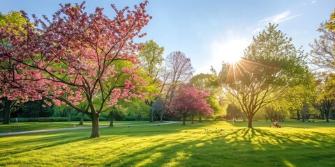Fototapeta premium A sunny spring day in a park, with flowering trees, fresh greenery, and a clear, bright sky that enhances the vivid colors of the season.