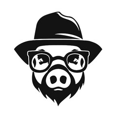 A pig wearing glasses and a hat  , silhouette vector illustration transparent background
