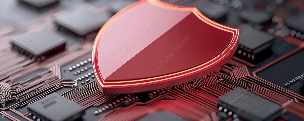Poster red shield symbol on a computer circuit board, representing cybersecurity and digital protection.