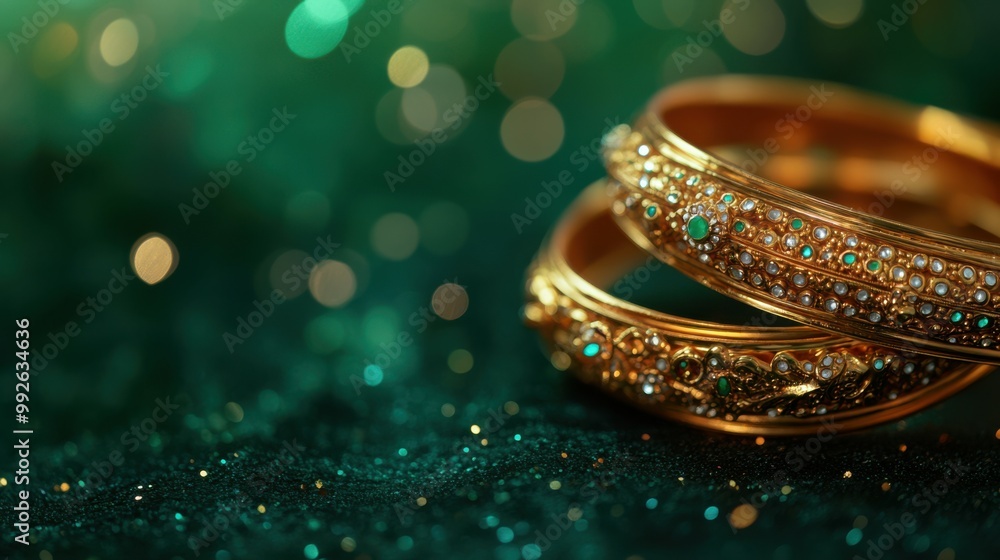 Aufkleber ornate bangle set with embedded gems, resting on a dark emerald green backdrop with bokeh accents, c